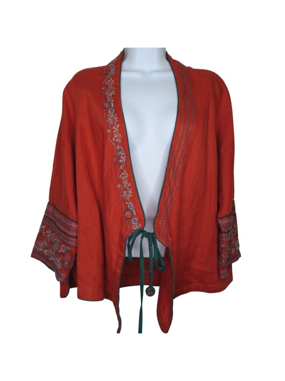 Vintage Boho Embroidered Open-Front Kimono Jacket Rust Red Tie Closure Floral